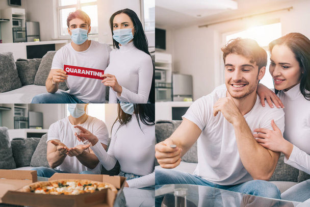 colagem com casal doente em máscaras médicas segurando sinal de quarentena, tendo pizza e jogando moeda em casa durante o auto-isolamento
 - Foto, Imagem