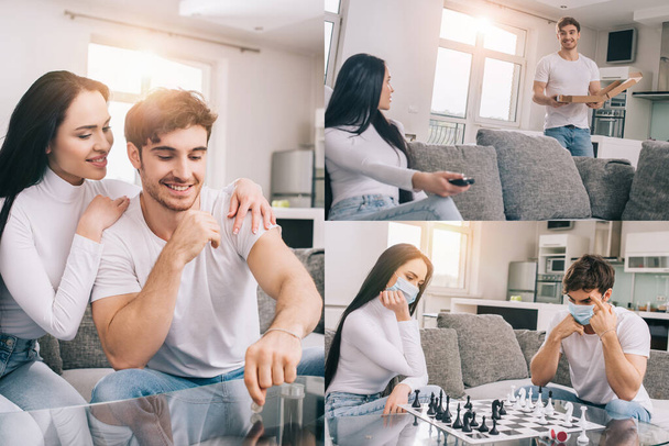 collage con pareja enferma en máscaras médicas jugando ajedrez, teniendo pizza y lanzando moneda en casa durante el auto aislamiento
 - Foto, Imagen