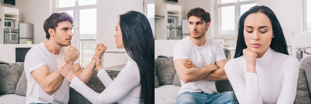 collage con coppia arrabbiata litigando durante l'autoisolamento a casa, concetto panoramico
 - Foto, immagini