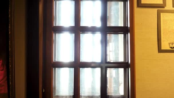 VIew binnen in historisch museum, glazen raam met houten scheidingswanden en oude documenten opknoping op de muur in frames. Voorraadbeelden. Reconstructie van historische gebeurtenissen en plaatsen in het museum. - Video
