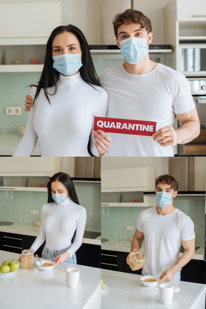 colagem com casal doente em máscaras médicas fazendo café da manhã e segurando sinal de quarentena em casa durante o auto-isolamento
 - Foto, Imagem