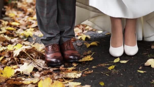 Άνδρας και γυναίκα δείχνουν τα παπούτσια τους στο φθινοπωρινό φύλλωμα - Πλάνα, βίντεο