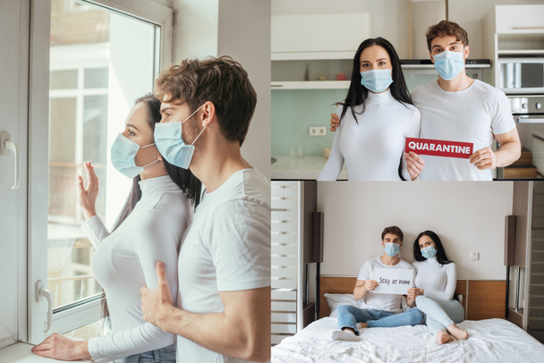 Krankes Paar in medizinischen Masken mit Stay at home Zeichen, Quarantäne Zeichen und Blick durch Fenster während der Selbstisolation - Foto, Bild
