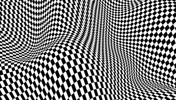 Optikai illúziós hullám. Sakk hullámok tábla. Absztrakt 3D-s fekete-fehér illúziók. Vízszintes vonalak csíkok minta vagy háttér hullámos torzító hatással. - Vektor, kép