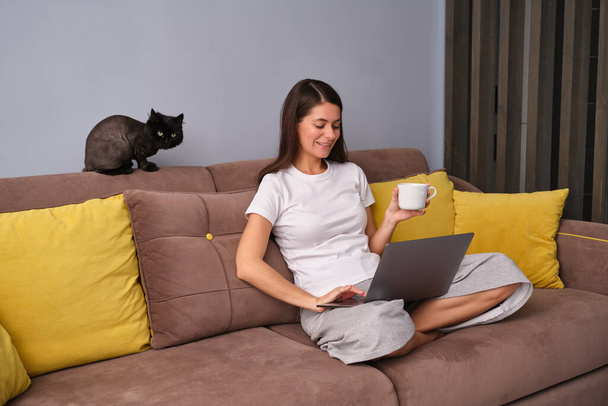 Brunette woman sitting on brown sofa with yellow cushions in the living room, wearing pyjamas, holding a cup of tea, watching funny videos on laptop, having fun, a black cat is looking at the camera - Φωτογραφία, εικόνα
