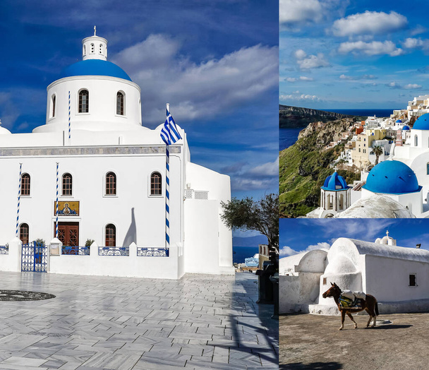 SANTORINI, GREECE - APRIL 10, 2020: collage of Panagia Platsani Church with bells near white houses and horse in Santorini  - Foto, immagini