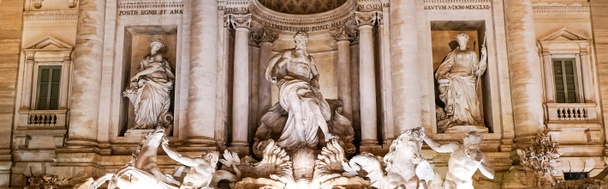 panoramic concept of trevi fountain with ancient sculptures in rome  - Photo, Image