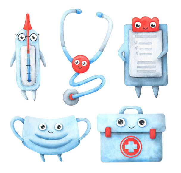 Medical instrument. Cartoon characters : thermometer, stethoscope, patient card, first aid kit, disposable mask. Set of watercolor illustrations isolated on a white background. Stock image - Photo, Image