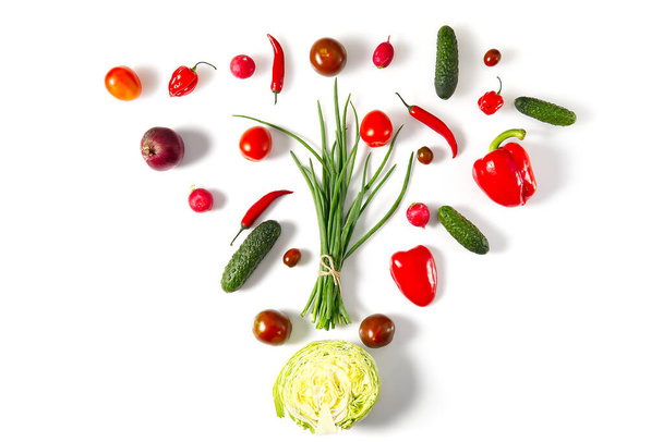 Πολύχρωμο σχέδιο συστατικά σαλάτα από τοματίνια, ντομάτες, δεντρολίβανο, αγγούρι, κρεμμύδι, πιπεριά τσίλι, ραπανάκι στον κήπο και πάπρικα σε λευκό φόντο. Έννοια μαγειρικής. - Φωτογραφία, εικόνα