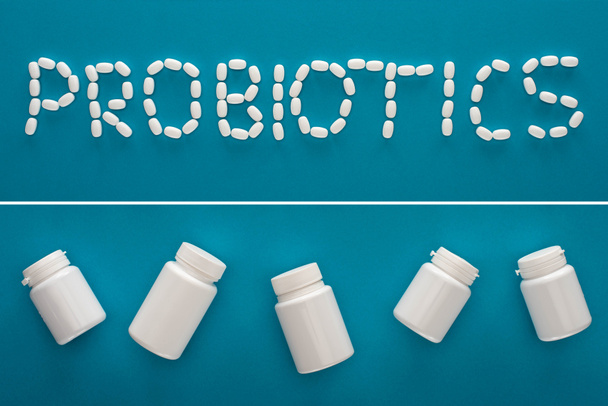 colagem de lettering probióticos feitos de pílulas e recipientes em fundo azul
 - Foto, Imagem