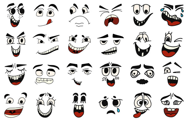 Cartoon faces. Kawaii cute faces. Expressive eyes and mouth, smiling, crying and surprised character face expressions. Caricature comic emotions or emoticon. Isolated vector illustration icons set. - Vector, Image