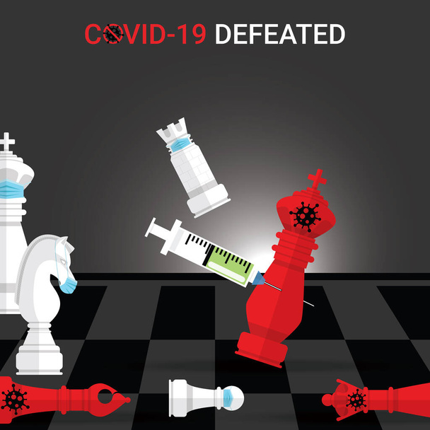 Biały wieża nosić maskę szach mat przez szczepionkę czerwony król Covid-19. Koncepcja zwycięstwa nad pandemią Covid-19. Koronawirus pokonał inskrypcję. Wektor ilustracja bitwy szachowej gry - Wektor, obraz