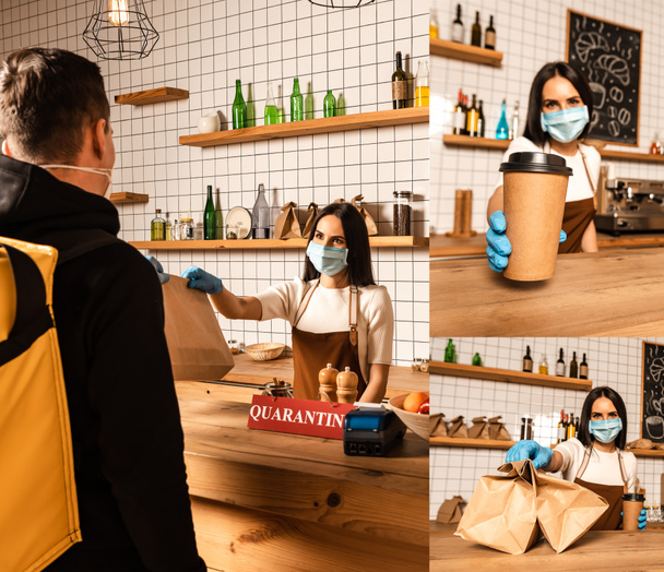 Коллаж владельца кафе в медицинской маске, дающего курьеру бумажный пакет и показывающего одноразовую чашку кофе у стола
 - Фото, изображение