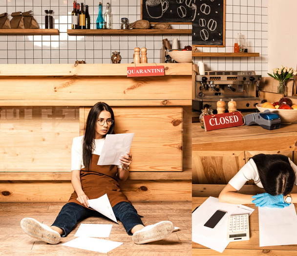 Collage de sorprendido dueño de la cafetería en el suelo mirando el papel y la mujer cerca de documentos, calculadora y teléfono inteligente en la mesa
 - Foto, imagen