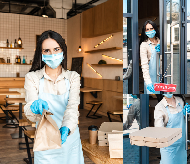 Collage van cafe eigenaar in medisch masker met papieren zak met dozen en openslaande deur met kaart met covid-2019 inscriptie - Foto, afbeelding