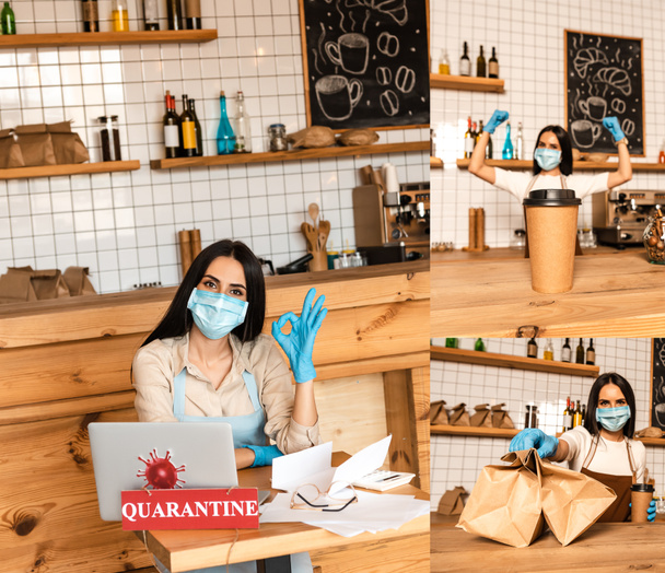 Collage of cafe owner showing okay sign, paper bags near tables with disposable cup of coffee, papers, laptop and card with quarantine inscription - Foto, Bild