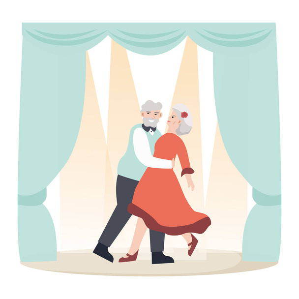 Old male and female dancing on street, senior romantic night concept and vector illustration on white background. - Vektör, Görsel