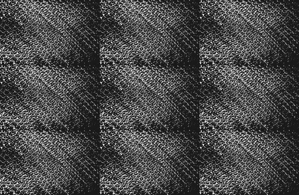 Set collage of distress old rusted peeled, scrathed vector texture with metal net, wire, cage, crossed stripes. EPS8 illustration. Black and white grunge background. - Vector, Image