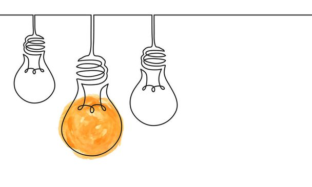Vector illustration of continuous one line drawing of hanging shining electric light bulbs. Creative concept of idea, business - Vector, Image