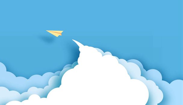 Yellow paper airplanes flying on blue sky and cloud.Paper art style of business success and leadership creative concept idea.Vector illustration. - Vettoriali, immagini
