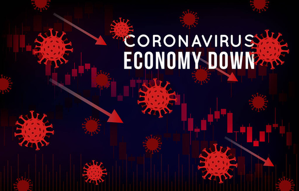 証券取引所や世界経済へのコロナウイルスの影響のベクトル概念図。Covid-19ウイルスは市場が下落する原因となります。ろうそくの棒グラフ、矢印とウイルスの背景. - ベクター画像