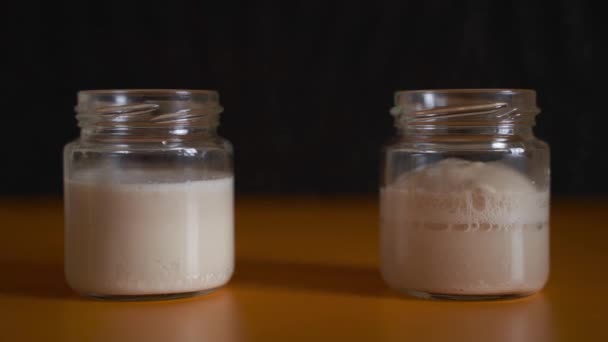 two jars of yeast are fermented in turn. To the left is ordinary yeast. Dry on the right. Black background. Time Lapse effect - Footage, Video