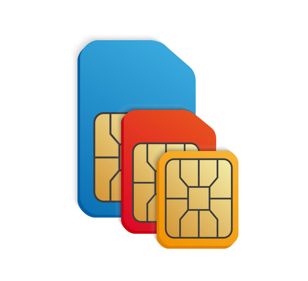 Realistic colored SIM card set. Standard, Micro, Nano -different phone card types. - ベクター画像
