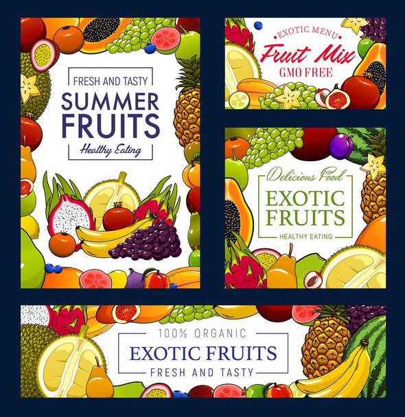 Fruits and berries, farm garden and tropical exotic harvest, vector posters and banners. Organic GMO free fruits papaya, banana and orange, blueberry, pineapple, peach and grapes, orange and plum - Vector, Image