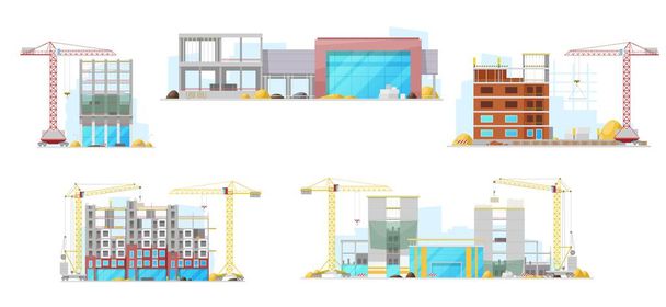Obytné domy a budovy městských úřadů v procesu, vektorové stavební ikony. Nedokončené domy a mrakodrapy, stavební stroje, navijáky a nákladní automobily - Vektor, obrázek