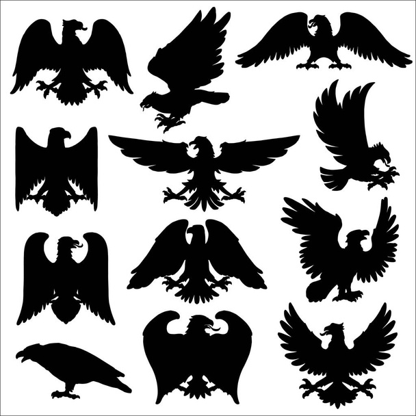 Heraldic eagle, vector icons of Gothic heraldic hawk or falcon birds. Black silhouettes of eagle with spread wings, flying in attack with tongue and claws, coat of arms and military crest emblems - Vector, Image