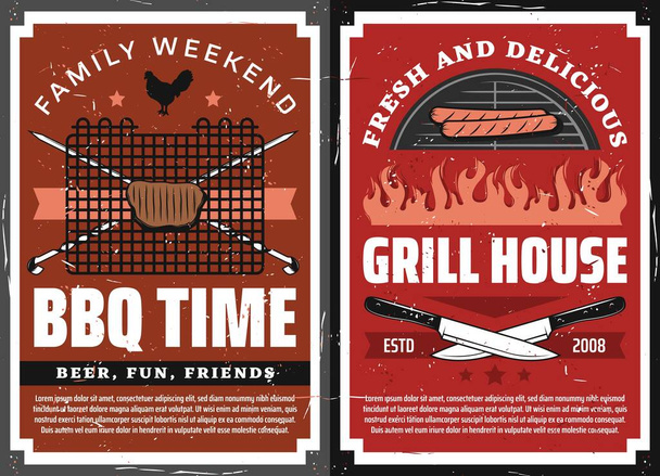 バーベキューグリルや家族のグリルピクニックパーティー、ベクトルヴィンテージのポスター。バーベキュー時間木炭肉ステーキ、ソーセージとハンバーガー、プレミアム品質の鶏と牛肉、火の炎の串とナイフ - ベクター画像