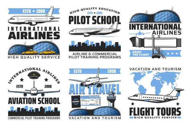 Havacılık akademisi ve pilot okul amblemleri, hava taşımacılığı ve uluslararası havayolları vektör ikonları. Havaalanı işletim hizmetleri, sivil havacılık eğitimi ve eğitim programları - Vektör, Görsel