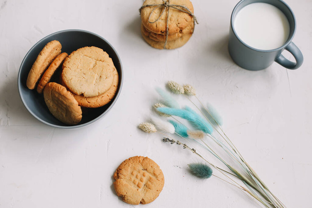 Handmade oatmeal cookies with glass of milk. Traditional freshly baked cookies. Junk-food, culinary, baking and eating concept.  - Фото, изображение