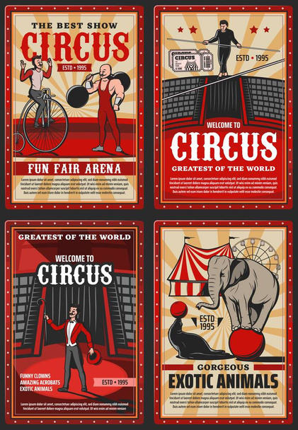 Spectacle d'aréna de cirque et de foire, affiches rétro vintage vectorielles. Bienvenue à la performance de shapito de cirque avec jonglage de joint et équilibrage d'éléphant sur la balle, l'homme fort et l'équilibre serré de marche de corde
 - Vecteur, image
