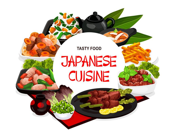 Japanese cuisine food and authentic dishes, vector restaurant menu cover. Japanese traditional chicken meat tory sasami, vinegar potatoes and minced cutlets, lightly fried iridori chicken and tempura - Vector, Image