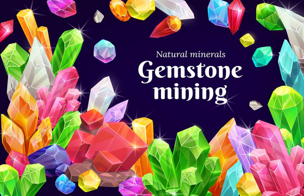 Crystals and gems, natural geologic minerals and precious stones mining, vector poster. Gemstones and jewels with sparkling shine, jewelry rocks of ruby, sapphire and emerald, amethyst and diamond - Vector, Image