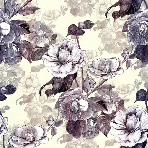 Seamless pattern. Collage of flowers on a watercolor background. Exotic flowers. Camellia - flowers and leaves. Ink drawing. Decorative composition. Use printed materials, signs, objects, sites, maps. - Photo, Image