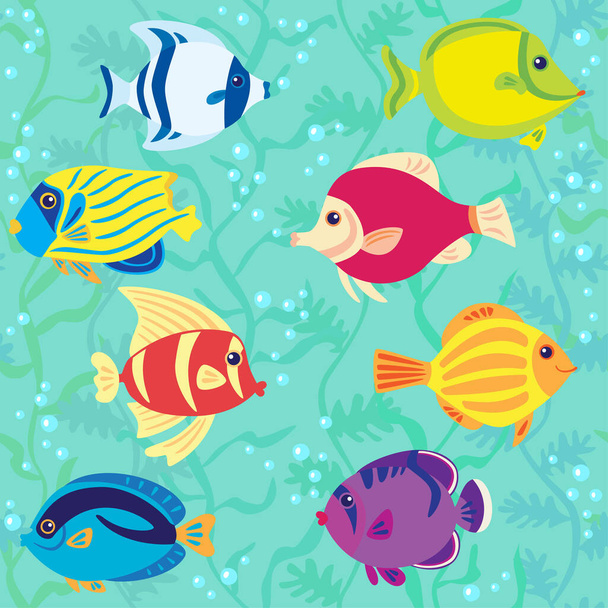 Seamless pattern with color exotic tropical fish on green-blue background vector illustration - Вектор, зображення