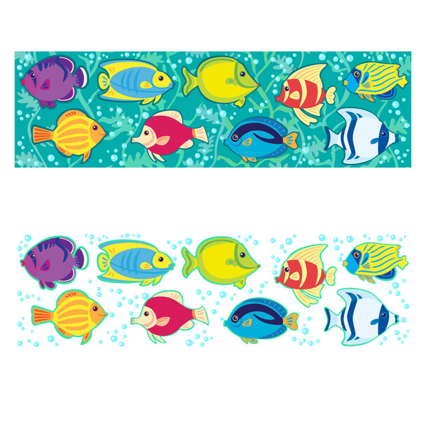 Set aus zwei horizontalen Bannern mit farbigen exotischen tropischen Fischen Vektor Illustration - Vektor, Bild