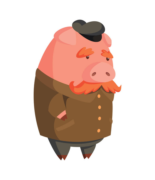 キャップと口ひげを持つ漫画の古い豚。面白い子供ゲームのためのイラスト。Tシャツベクトルロゴデザイン - ベクター画像