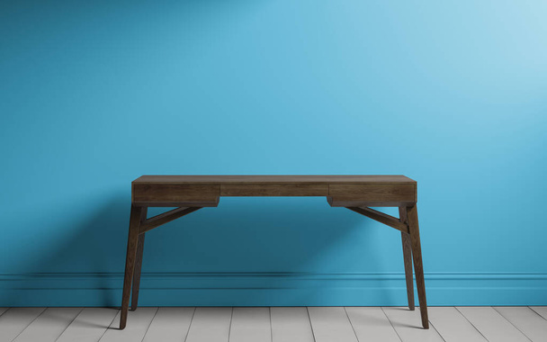 Empty wooden table and blue colored wall background. For product display - Fotografie, Obrázek