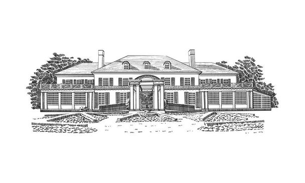 Ilustração vetorial com mansão em estilo georgiano, propriedade rural. Edifício Histórico com Reavivamento Colonial do Telhado, com dormitórios do terceiro andar. Em frente à casa - belos jardins formais
 - Vetor, Imagem