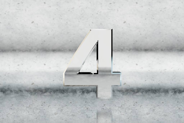 Chrome 3d number 4. Glossy chrome number on scratched metal background. Metallic digit with studio light reflections. 3d render. - Photo, Image