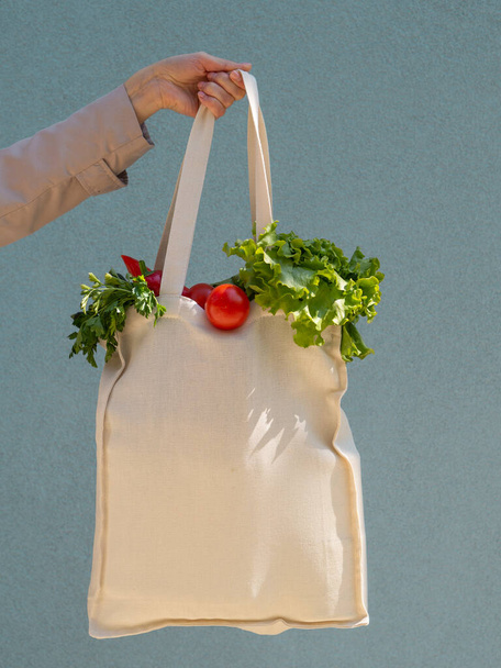 Женская рука держит многоразовую сумку со свежей здоровой пищей. Макет здоровой пищи с местом для логотипа на сумке
 - Фото, изображение
