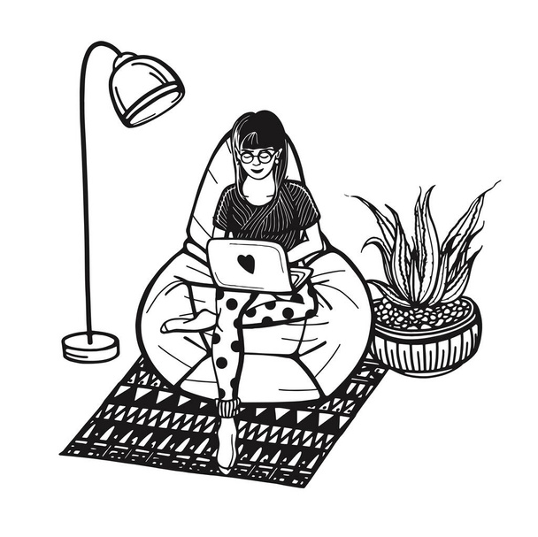 Freiberufler arbeiten von zu Hause aus. Ein Mädchen, das während der Coronavirus-Pandemie zu Hause arbeitet. Online-Geschäft. Arbeiten von zu Hause aus moderne Vektor-Illustration im Doodle-Stil. Fernbedienung. Gemütliches Zuhause - Vektor, Bild