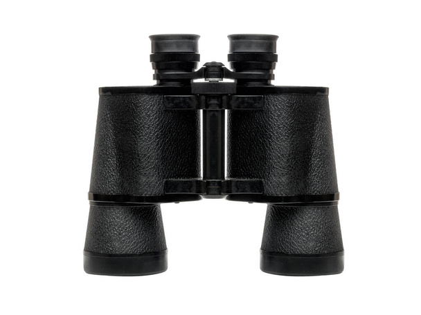 Black binoculars standing isolated on a white background - Photo, Image