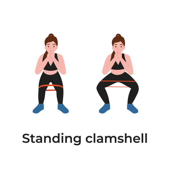Booty or glutes workout with resistance bands. Standing clamshell. Stay home and do sport. Flat vector cartoon modern illustration. - Vector, Image