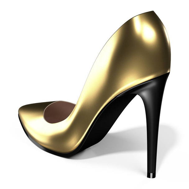 Goldener Schuh mit hohem Absatz - 3D-Illustration - Foto, Bild