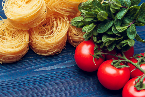 top view closeup detail of tagliatelle Italian pasta - Fotó, kép