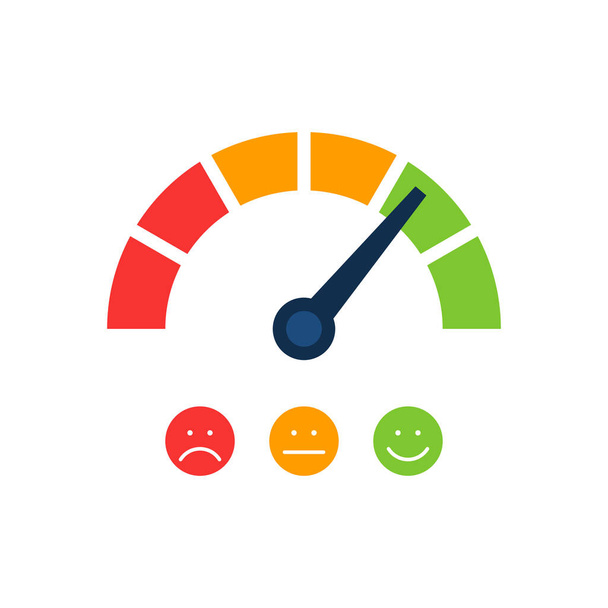 評価顧客満足度計の創造的なベクトル図。赤から緑への異なる感情アートデザイン。概要タコメータ、速度計、インジケータ、スコアの概念図要素 - ベクター画像